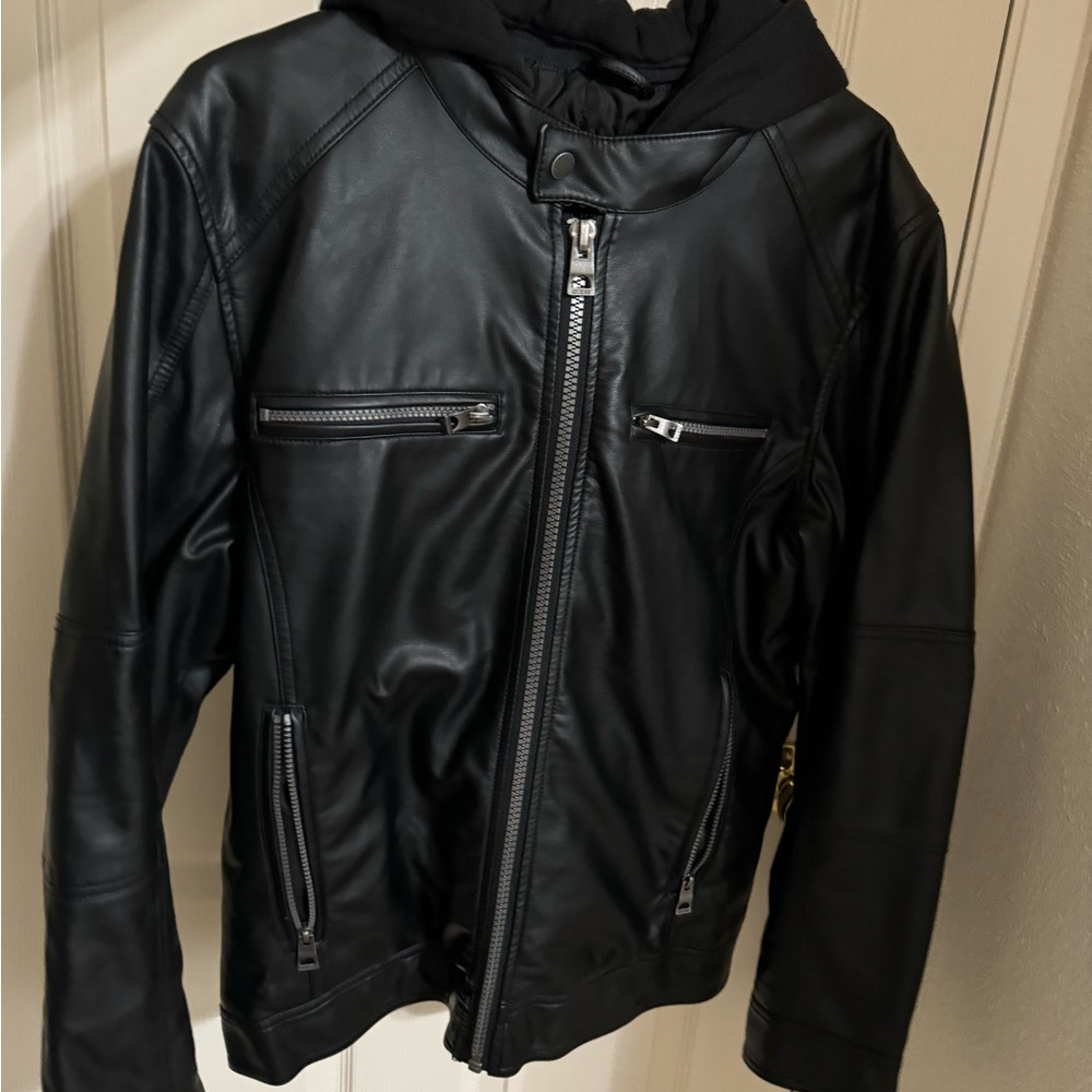 Men’s GUESS Black Leather Hooded Jacket